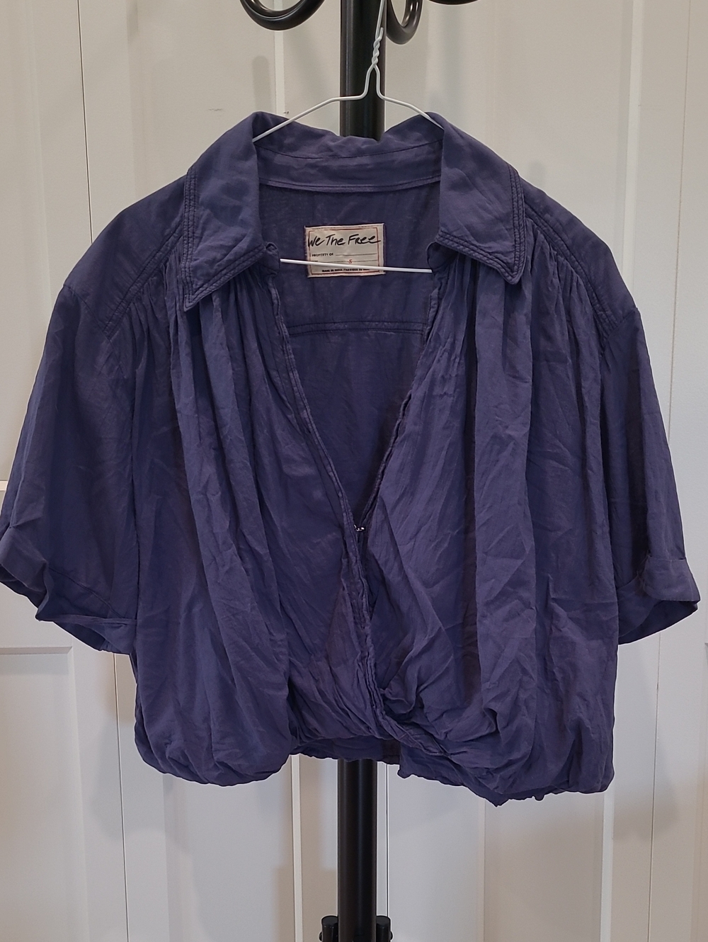 We The Free Deep Purple Cropped Short-Sleeve Cotton Blouse